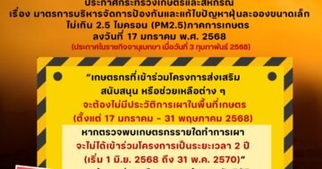 ประกาศกระทรวงเกษตรและสหกรณ์ เรื่อง มาตรการบริหารจัดการป้องกันและแก้ไขปัญหาฝุ่นละอองขนาดเล็กไม่เกิน 2.5 ไมครอน (PM2.5) ภาคการเกษตร