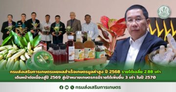 กรมส่งเสริมการเกษตรเผยผลสำเร็จเกษตรมูลค่าสูง ปี 2568 รายได้เฉลี่ย 2.88 เท่า เดินหน้าต่อเนื่องสู่ปี 2569 สู่เป้าหมายเกษตรกรมีรายได้เพิ่มขึ้น 3 เท่า ในปี 2570