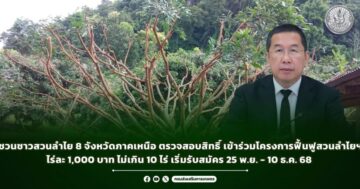 กรมส่งเสริมการเกษตร ชวนชาวสวนลำไย 8 จังหวัดภาคเหนือ ตรวจสอบสิทธิ์เข้าร่วมโครงการฟื้นฟูสวนลำไยฯ ไร่ละ 1,000 บาท ไม่เกิน 10 ไร่ เริ่มรับสมัคร 25 พ.ย. – 10 ธ.ค. 68 นี้